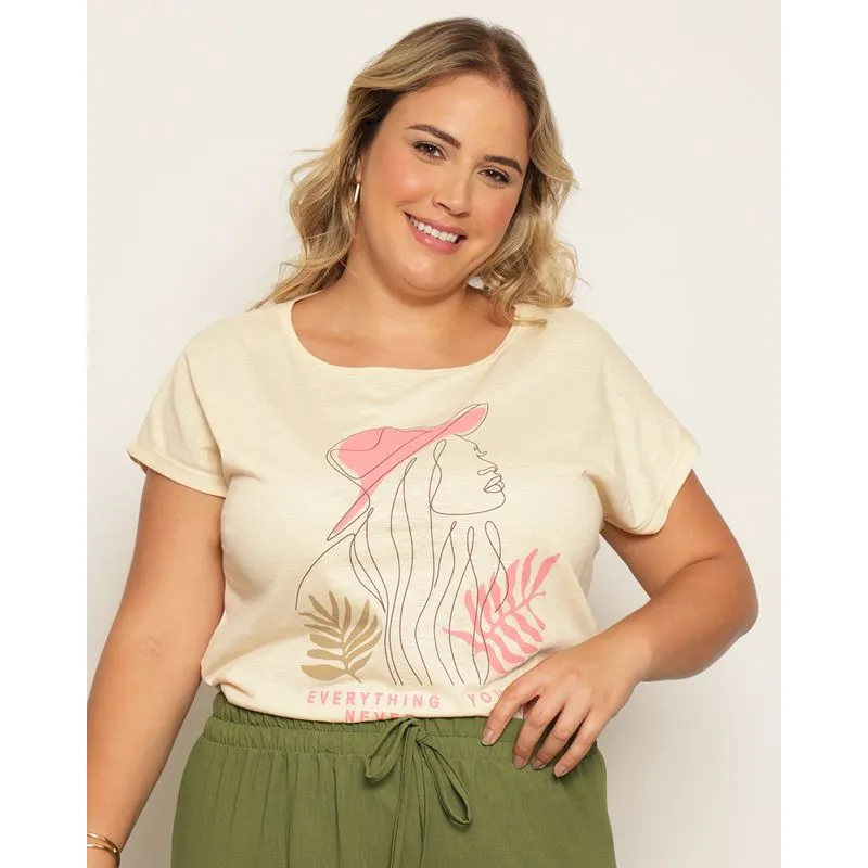 Blusa Plus Size Feminina Manga Curta Estampa Frontal Bege G1