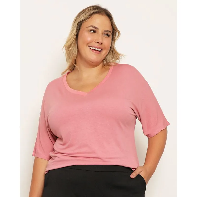 Blusa Plus Size Feminina Manga Curta Decote V Viscose Rosa G1