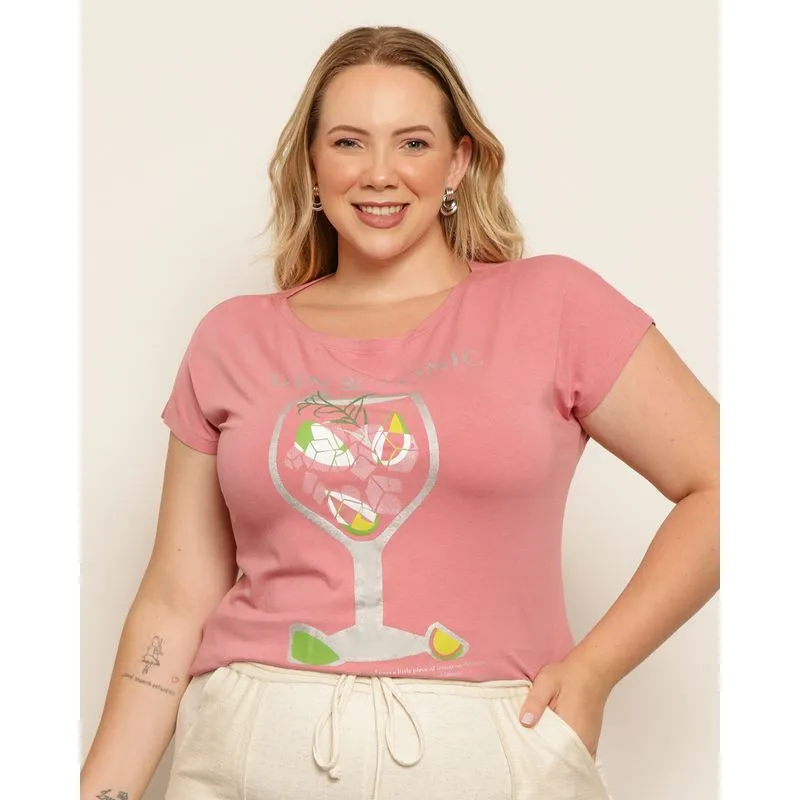 Blusa Plus Size Feminina Manga Japonesa Estampa Gin & Tonic Rosa G2