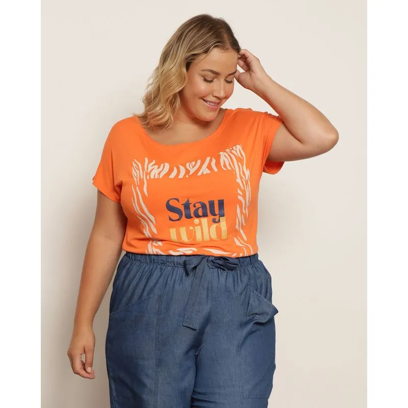 Blusa Plus Size Feminina Manga Curta Estampa Frontal Laranja G1