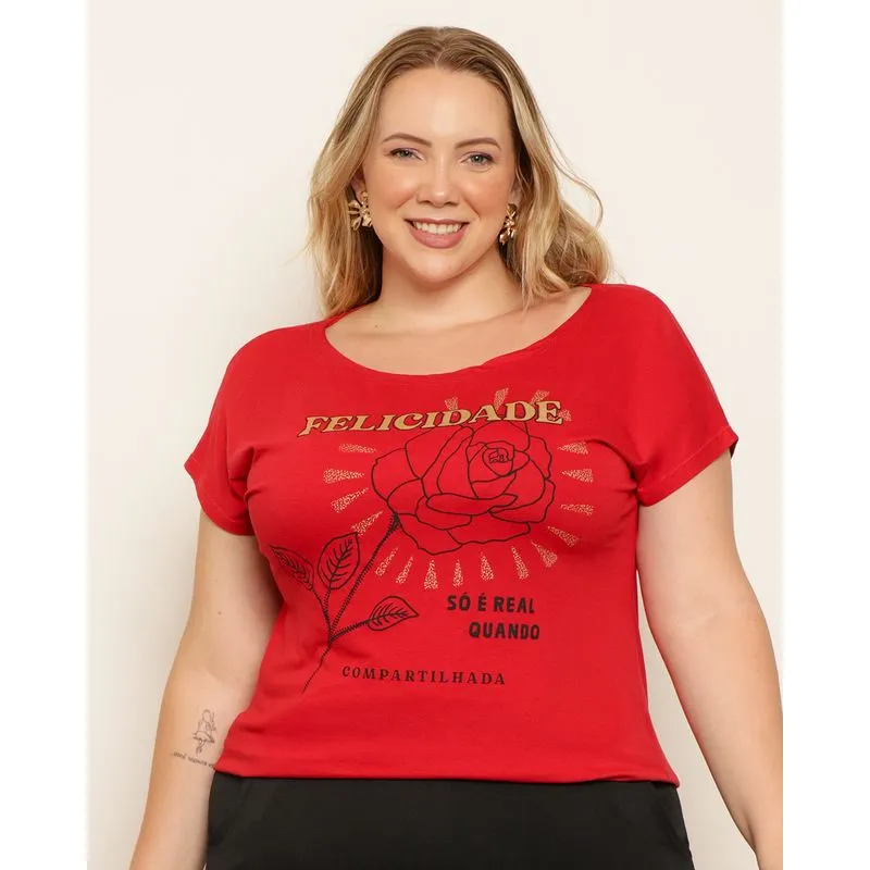 Blusa Plus Size Feminina Manga Japonesa Estampa Felicidade Vermelha G2