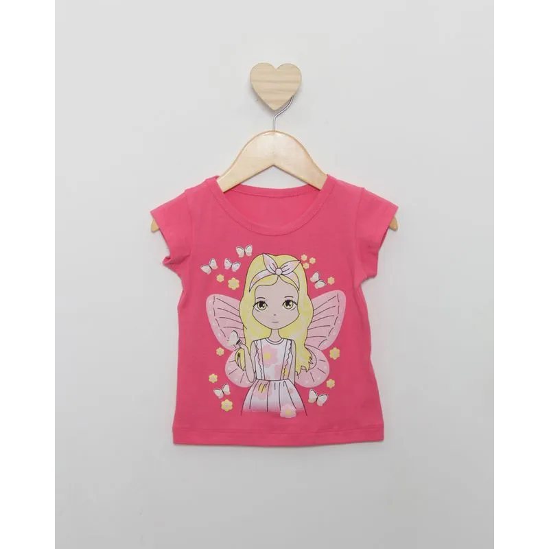 Blusa Bebê Manga Curta Estampa Frontal Fadinha Com Glitter Rosa 3