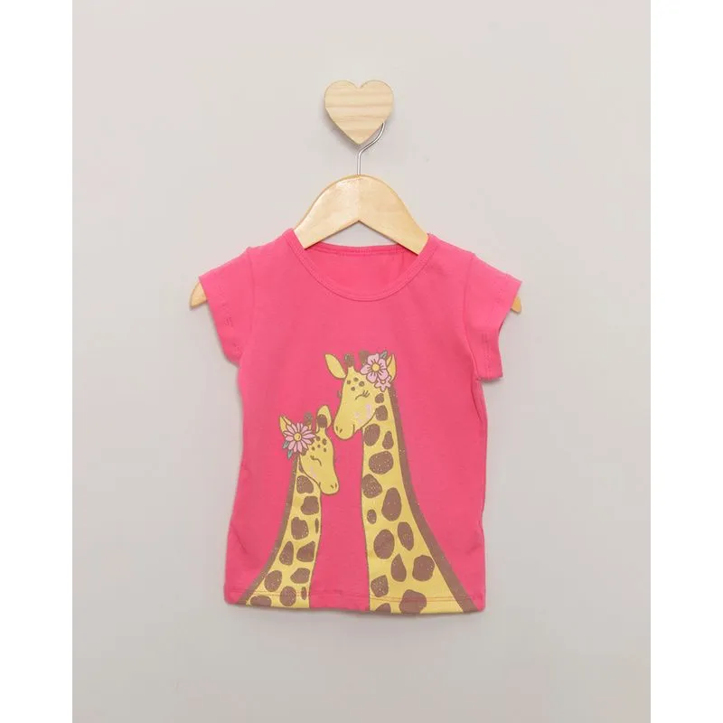 Blusa Bebê Manga Curta Estampa Frontal Girafa Com Glitter Rosa 1