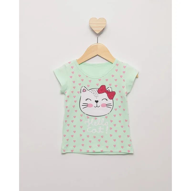 Blusa Bebê Manga Curta Estampa Corações e Gatinha Verde 2