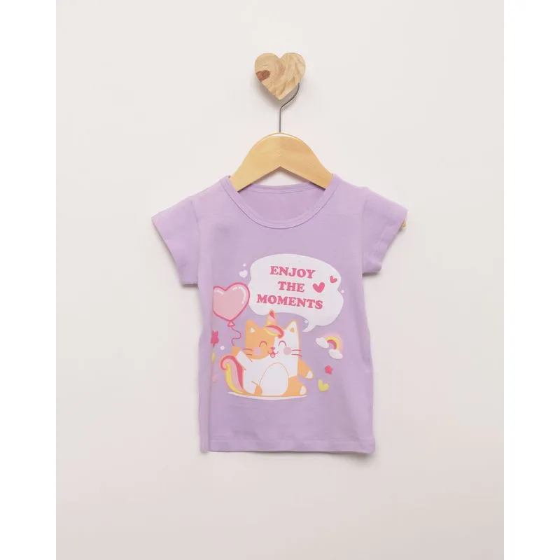 Blusa Bebê Manga Curta Estampa De Gatinho Lilás 3