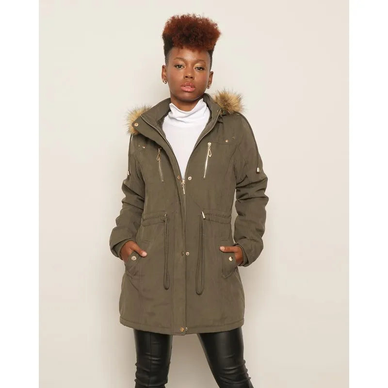 Parka Feminina Sarja Capuz Com Pelinho Verde P