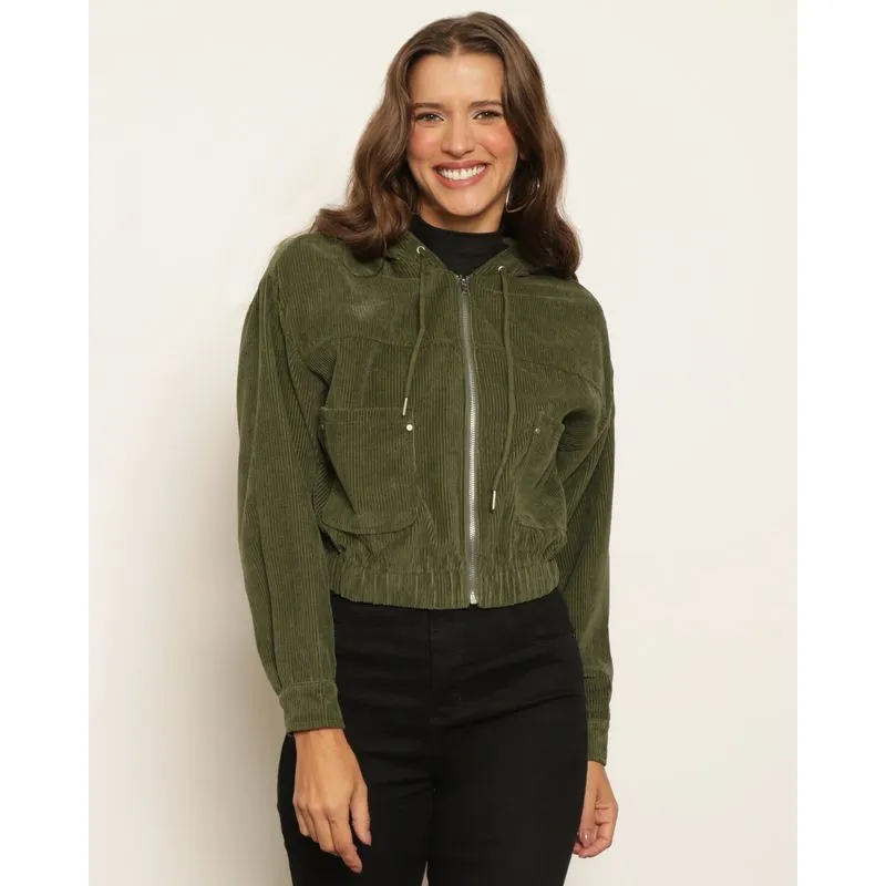 Jaqueta Feminina Cotelê Com Capuz Verde GG
