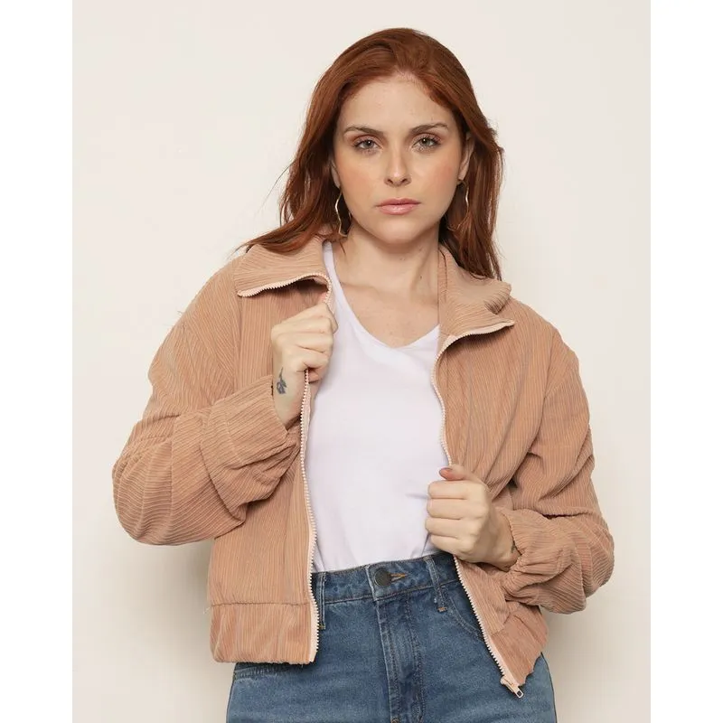 Jaqueta Feminina Cotelê Gola Alta Com Zíper Rosa M