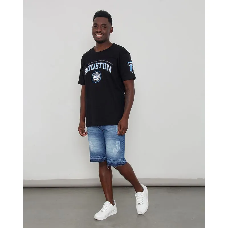 Bermuda Jeans Masculina Estonada Destroyed E Barra Desfiada Azul 44