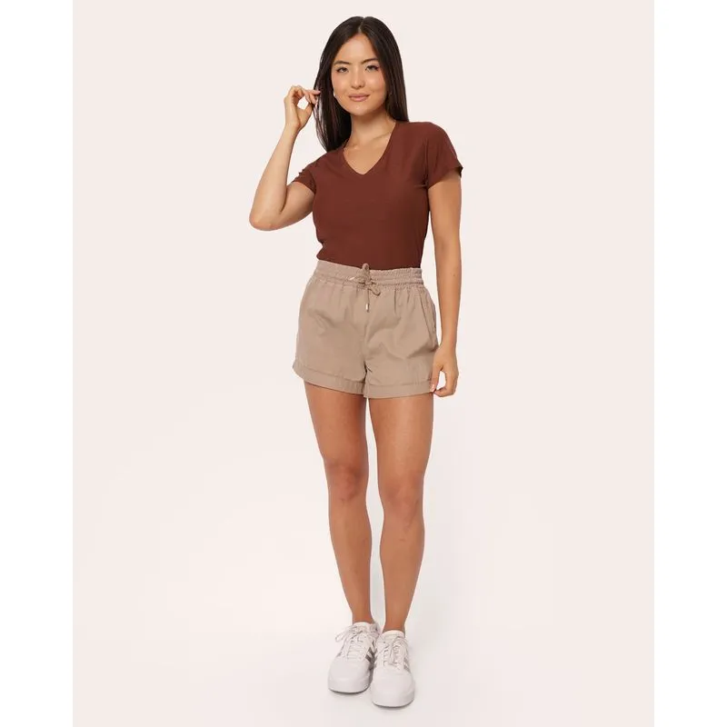 Short Sarja Feminino Algodão Barra Dobrada Marrom 36