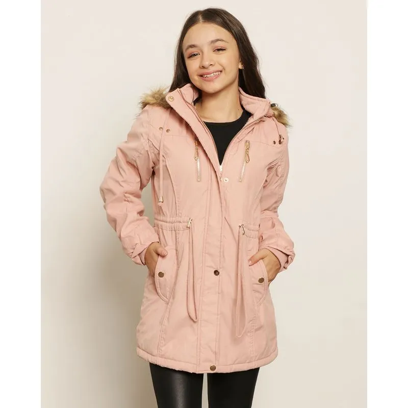 Parka Juvenil Sarja Capuz Com Pelinho Rosa 16