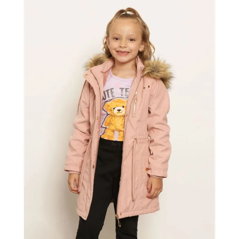 Parka Infantil Sarja Capuz Com Pelinho Rosa 6
