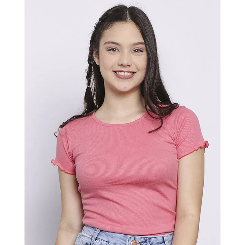 Blusa Juvenil Manga Curta Canelada Frufru Rosa UN