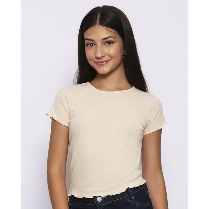 Blusa Juvenil Manga Curta Canelada Fru Fru Bege 10