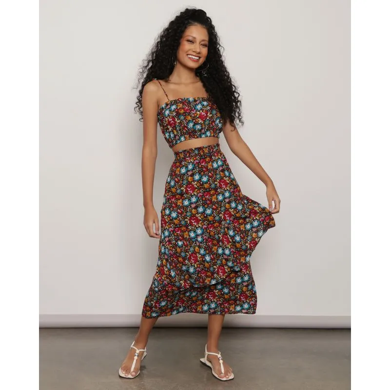 Saia Feminina Berry & Co. Viscose Midi com Babado Floral Preta GG