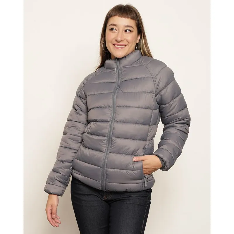 Jaqueta Feminina Puffer Com Bolsos Cinza M