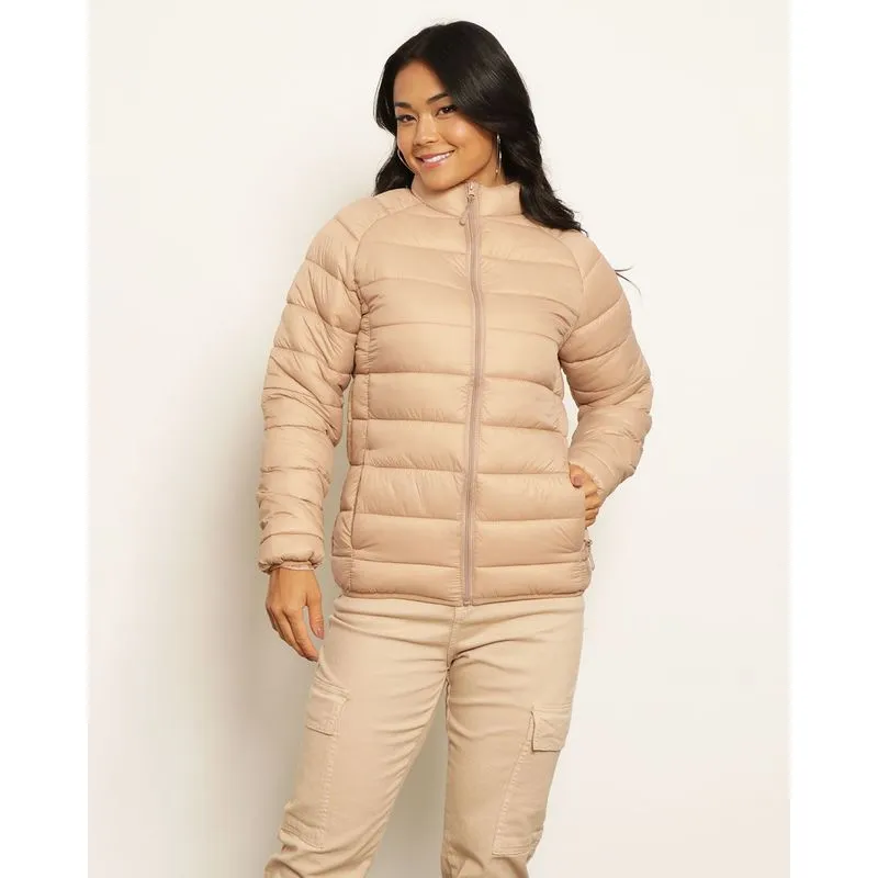 Jaqueta Feminina Puffer Recortes Com Bolsos Bege P