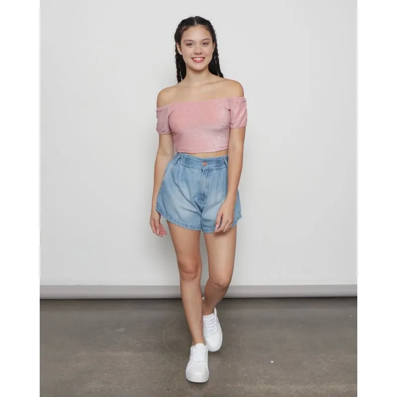 Short Jeans Juvenil Curto Aplicação de Strass Azul 10