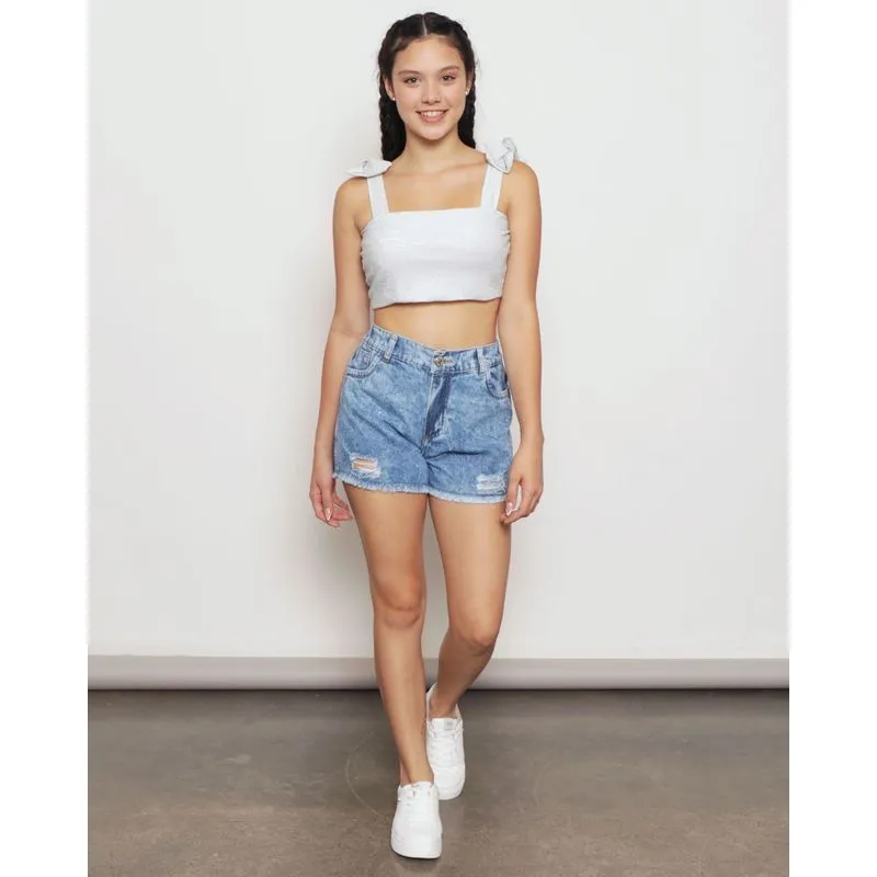 Short Jeans Juvenil Curto Aplicação de Strass Azul 16