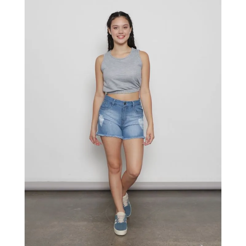 Short Jeans Juvenil Curto Destroyed E Aplicação de Strass Azul 10