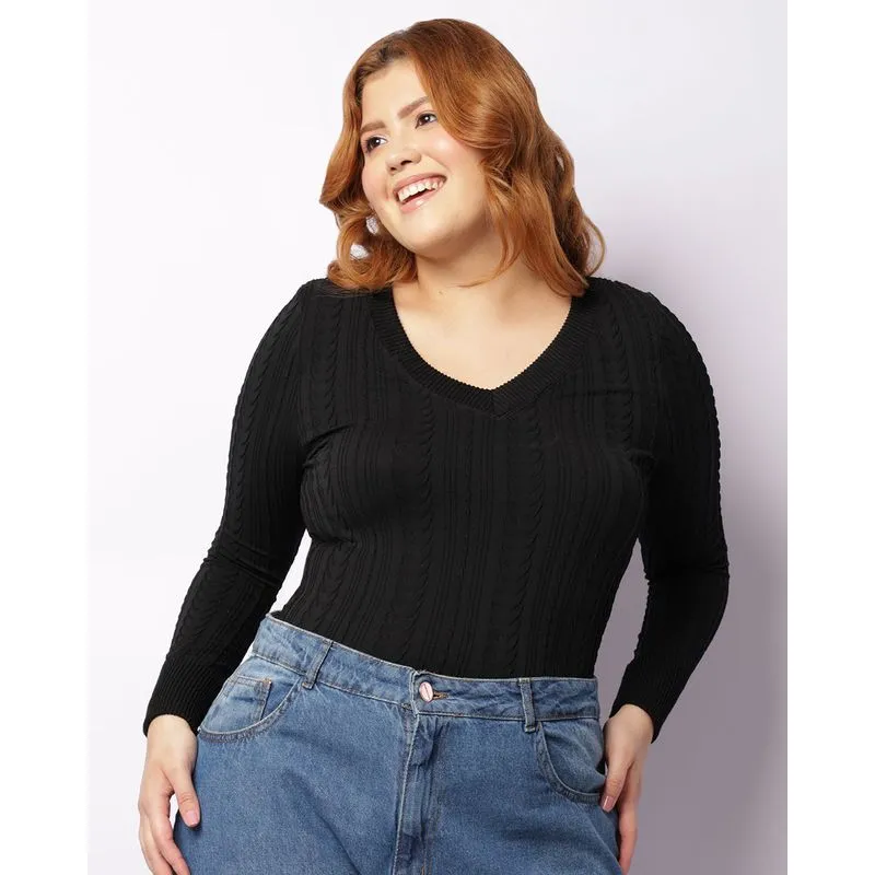 Blusa Plus Size Feminina Manga Longa Sem Costura Preta G1