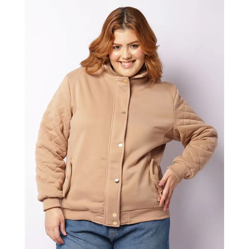 Casaco Moletom Plus Size Feminino Peluciado Com Capuz Bege G3