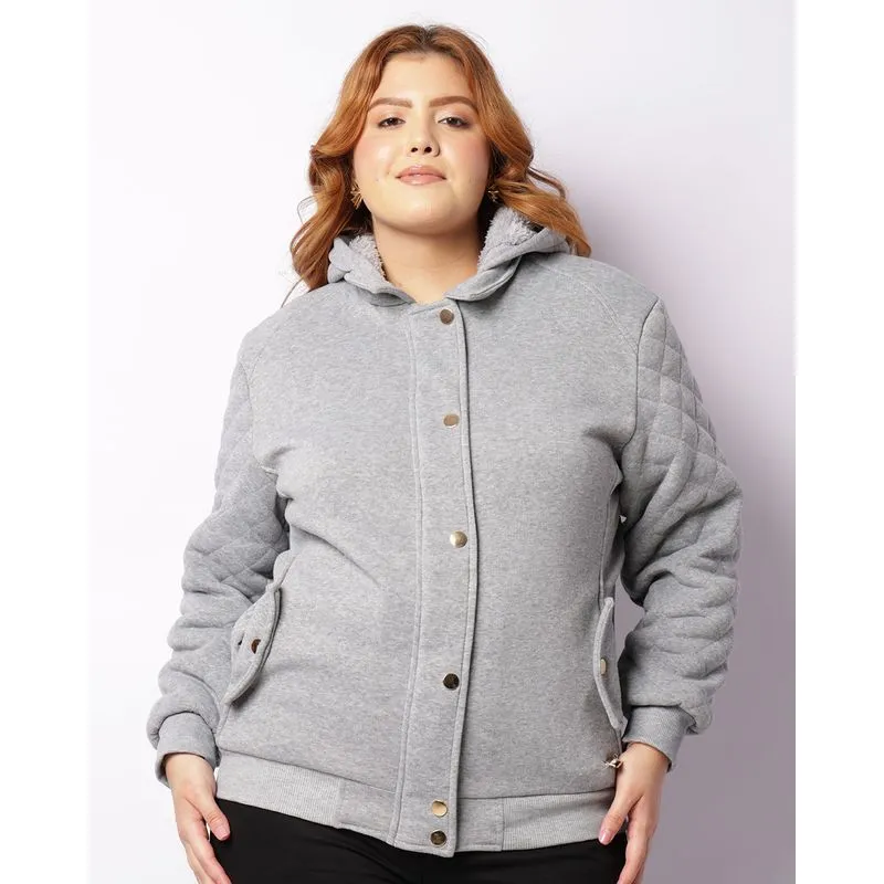 Casaco Moletom Plus Size Feminino Peluciado Com Capuz Cinza G2