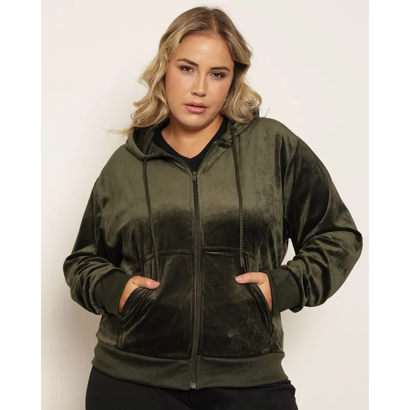 Jaqueta Plus Size Moletom Feminino Plush Com Capuz Verde G3