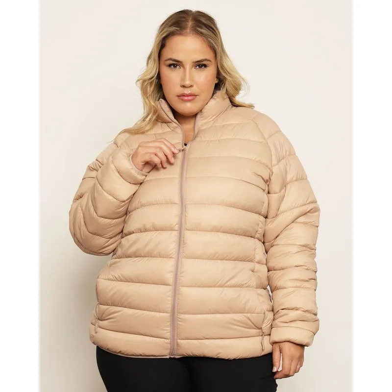 Jaqueta Plus Size Feminina Puffer Com Bolsos Bege G2