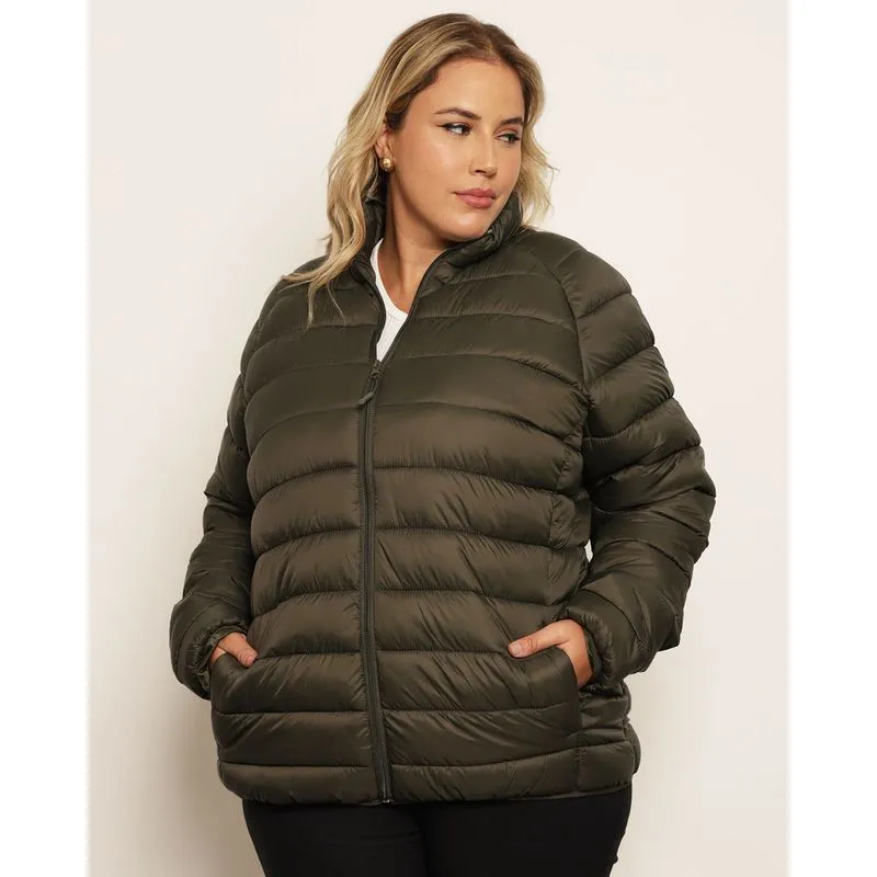 Jaqueta Plus Size Feminina Puffer Com Bolsos Verde G1
