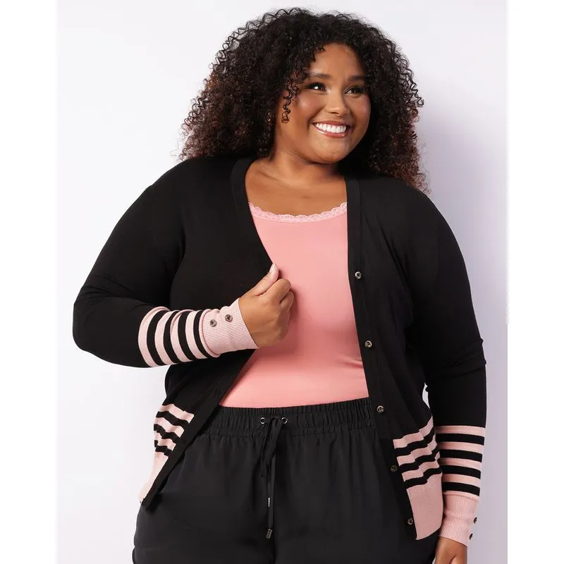 Cardigan Plus Size Feminino Tricô Manga Longa Decote V Com Botões Preto G2