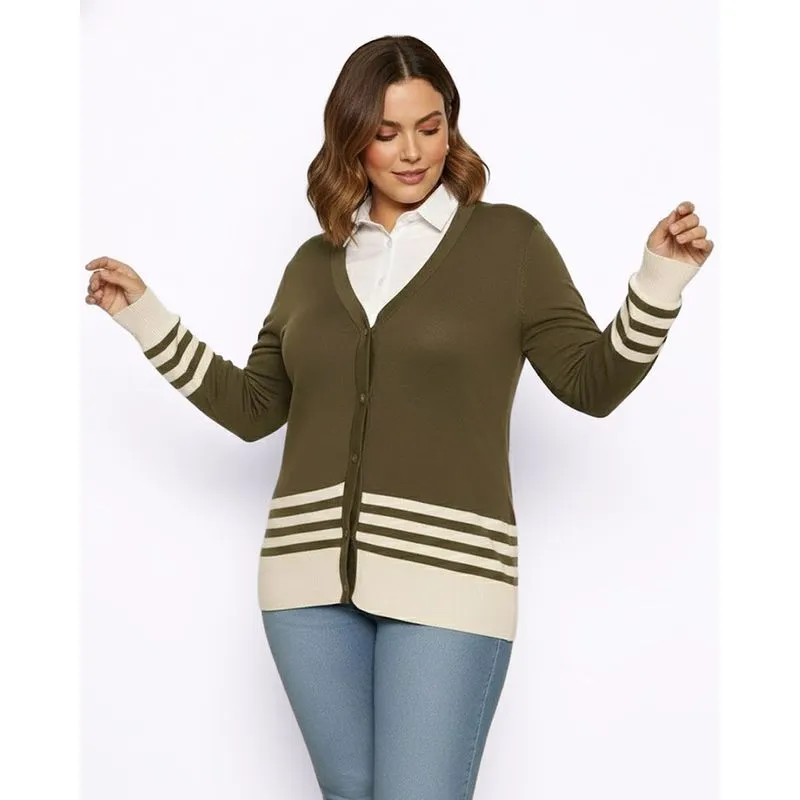 Cardigan Plus Size Feminino Tricô Manga Longa Decote V Com Botões Verde G1