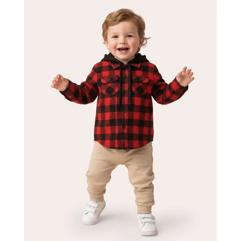Camisa Bebê Manga Longa Flanelada Xadrez Capuz Vermelha 2
