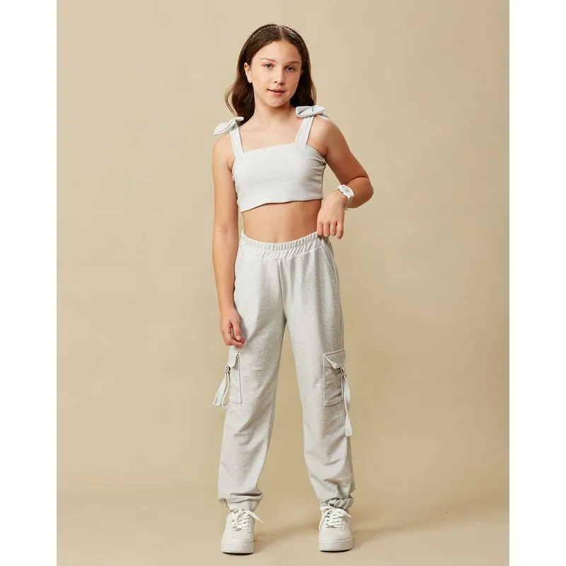 Calça Juvenil Lurex Jogger Bolso Cargo Prateada 14