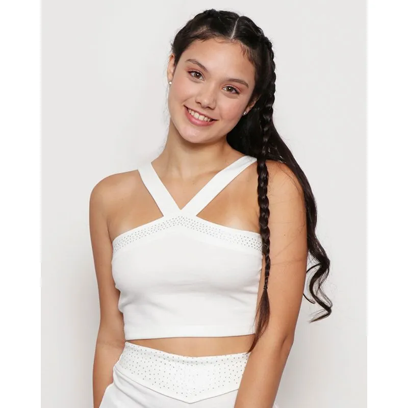 Blusa Juvenil Cropped Alça Cruzada Com Brilho Off White 12