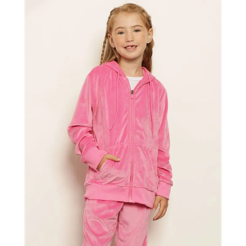 Jaqueta Infantil Plush Bolsos Com Capuz Rosa 4