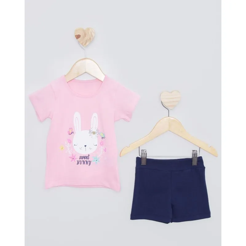 Conjunto Bebê Manga Curta Estampa Frontal Coelho Rosa 2