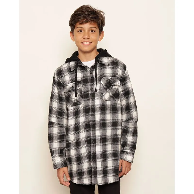 Camisa Juvenil Manga Longa Flanelada Xadrez Com Capuz Preta 10