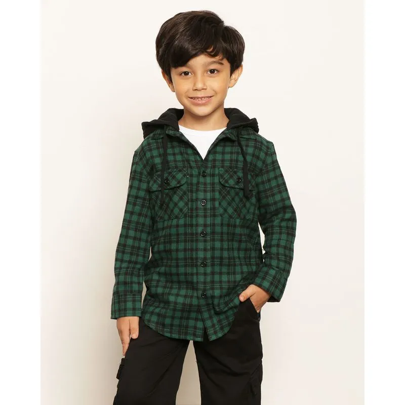 Camisa Infantil Manga Longa Flanelada Xadrez Com Capuz Verde 6
