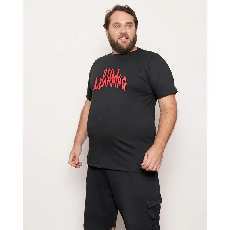 Camiseta Plus Size Masculina Manga Curta Estampa Frontal Preta G4