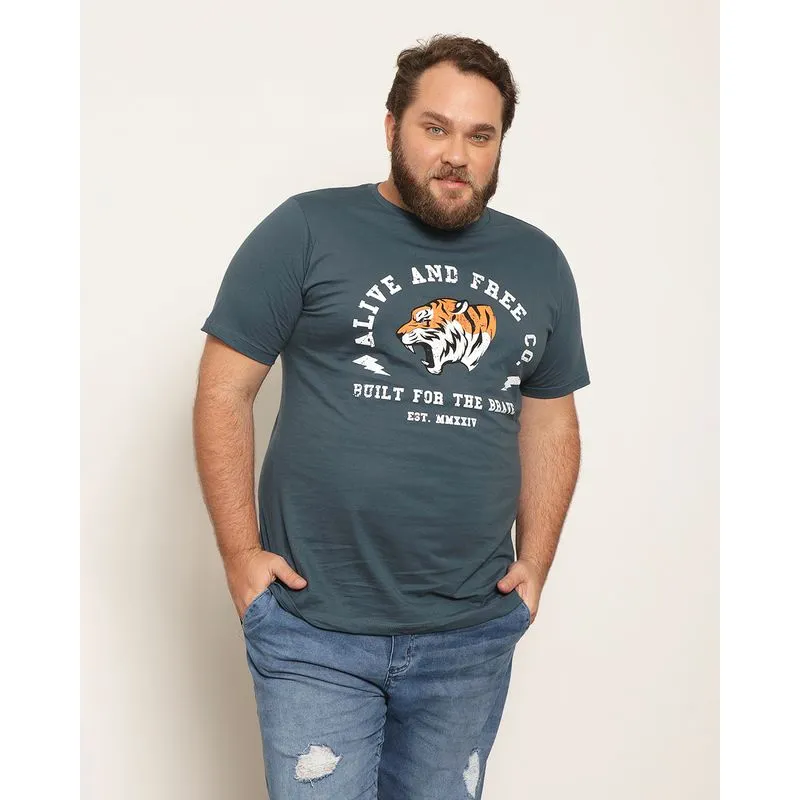 Camiseta Plus Size Masculina com Estampa Frontal Tigre Manga Curta Gola Careca Azul G1