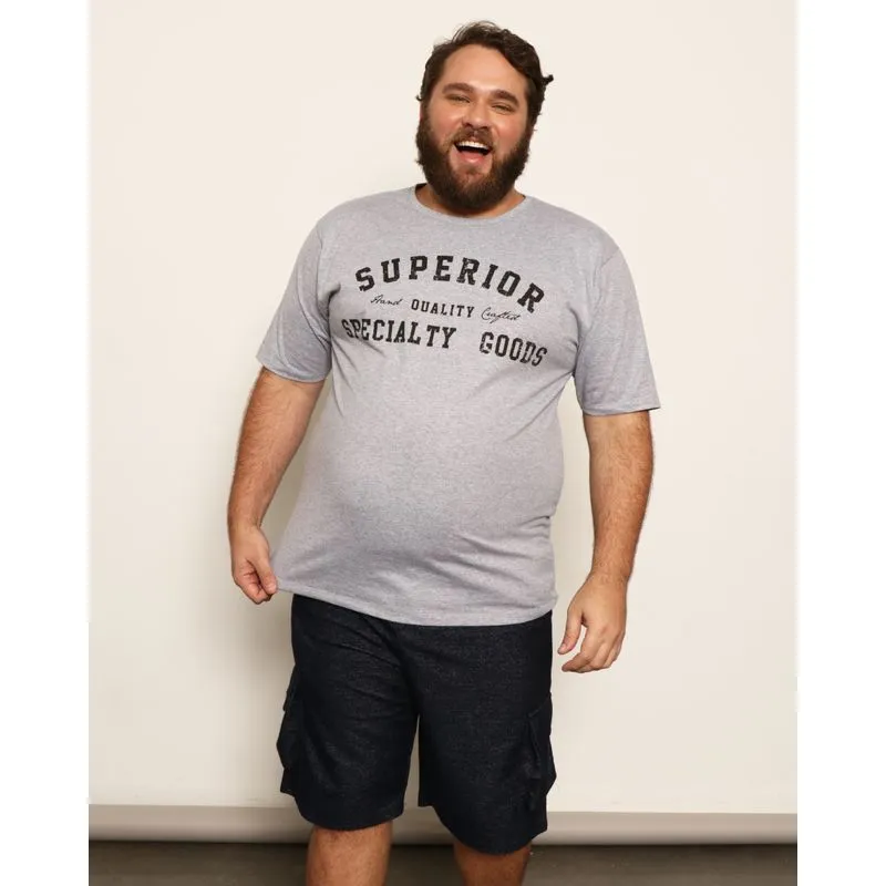 Camiseta Plus Size Masculina Estampa Frontal Casual Mescla Cinza G1