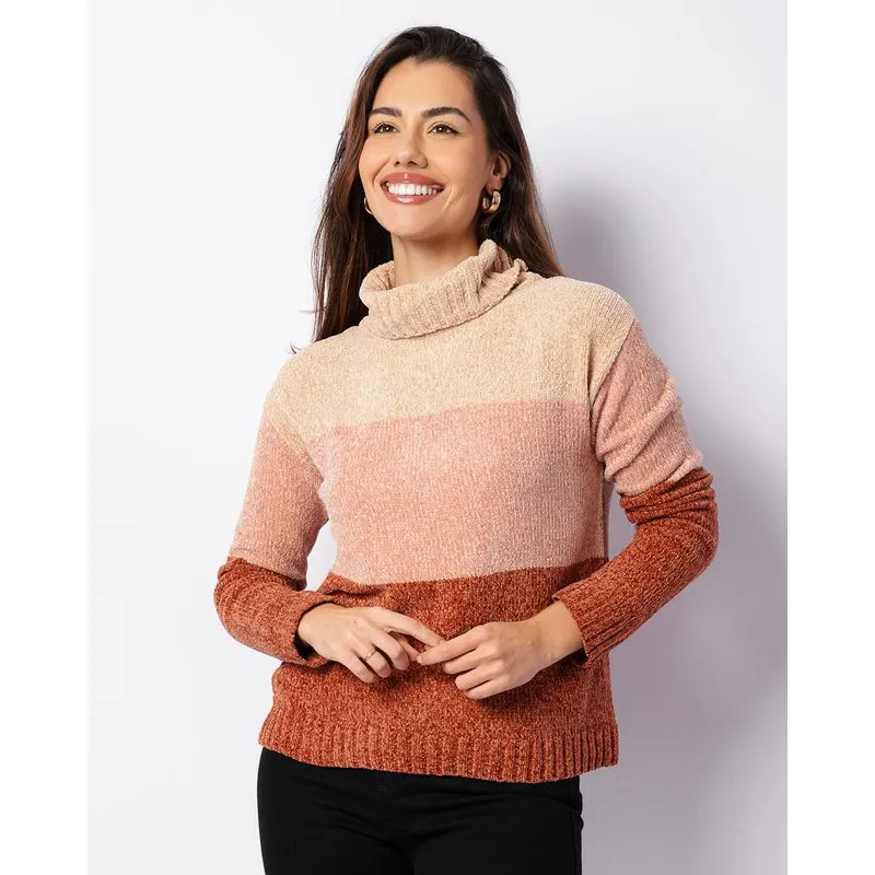 Suéter Feminino Chenille Gola Alta Com Recortes Terracota M
