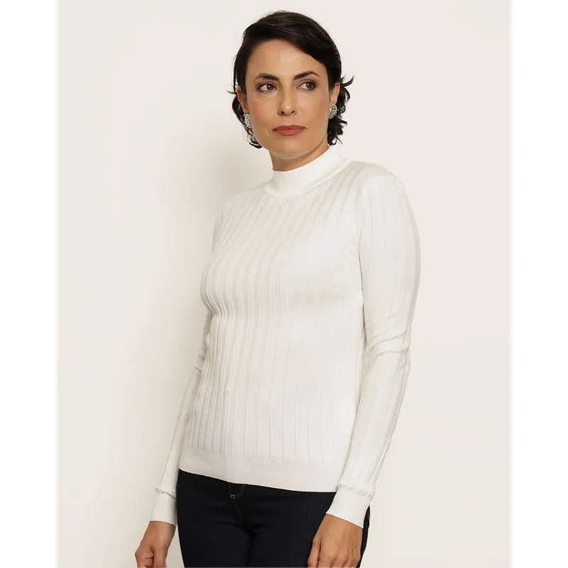 Blusa Feminina Tricô Gola Alta Canelada Off White P