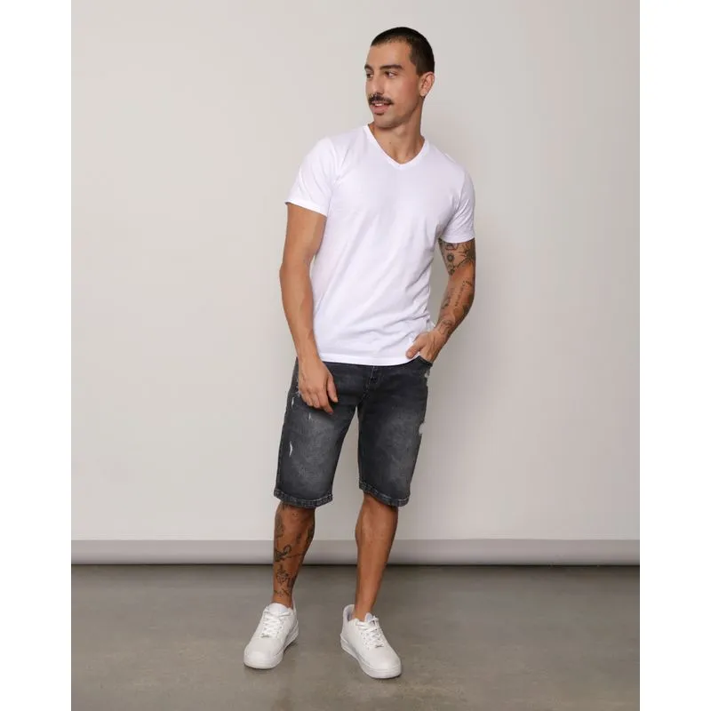 Bermuda Jeans Masculina Reta Com Puídos Estonada Cinza 40