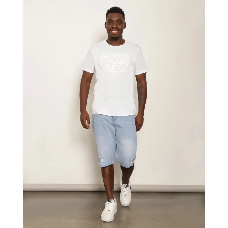 Bermuda Jeans Masculina Gangster Com Puídos Azul 44