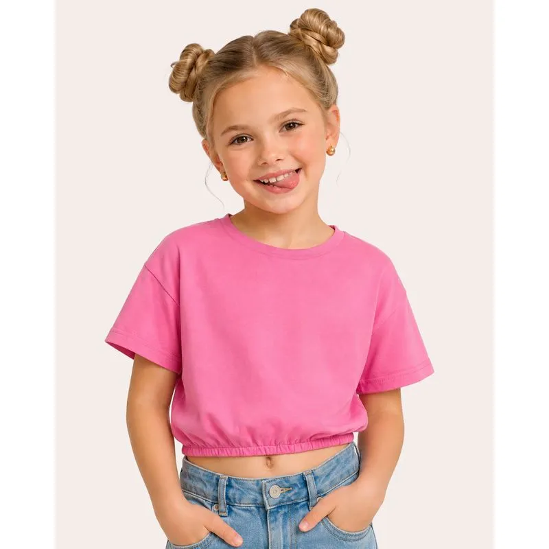 Blusa Infantil Cropped Manga Curta Franzida Rosa Escuro 8