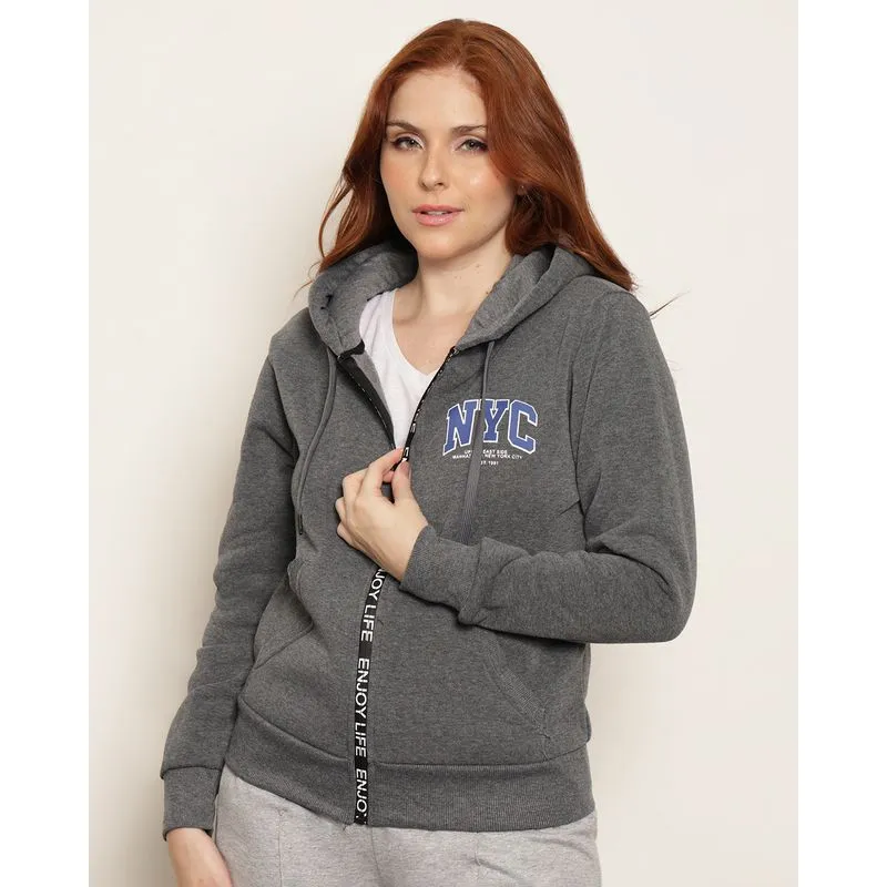 Jaqueta Moletom Feminina Peluciada Estampa NYC Cinza P