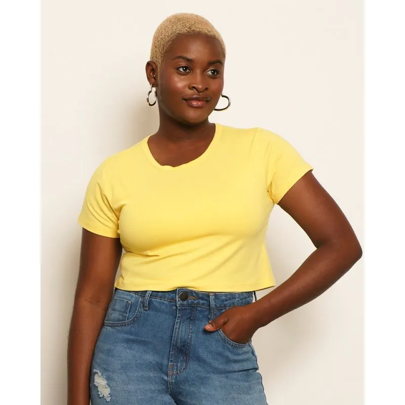 Blusa Feminina Cropped Básica Manga Curta Amarelo G