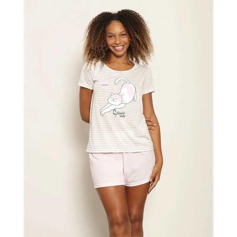 Pijama Feminino Curto Estampa Frontal Gatinha Rosa M